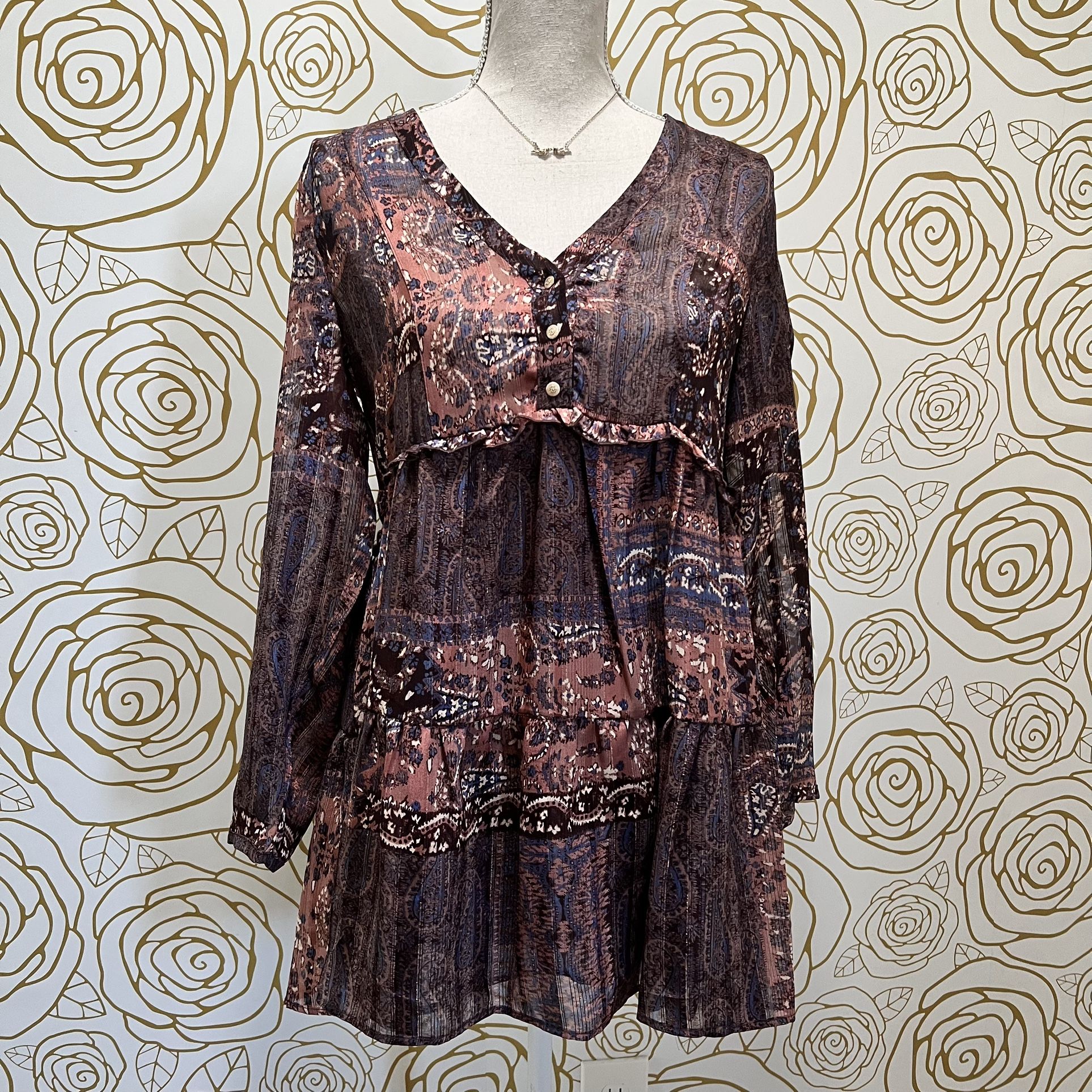 NWT Zara Blue and Pink Ruffle Patchwork Printed Long Sleeve Dress 