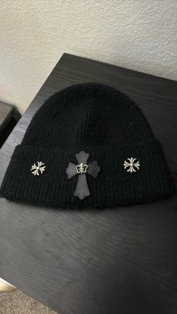 Chrome Hearts Black Ribbed Knit Beanie Hat with Leather Cross Patch and Silver Stud Accents - Goth Streetwear Skull Cap