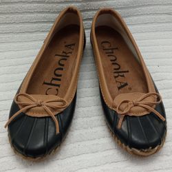CHOOKA Duck Skimmer Waterproof Slip-On Rain Shoes Black & Tan Ballet Flats - Excellent Condition Never Used:  Size 8