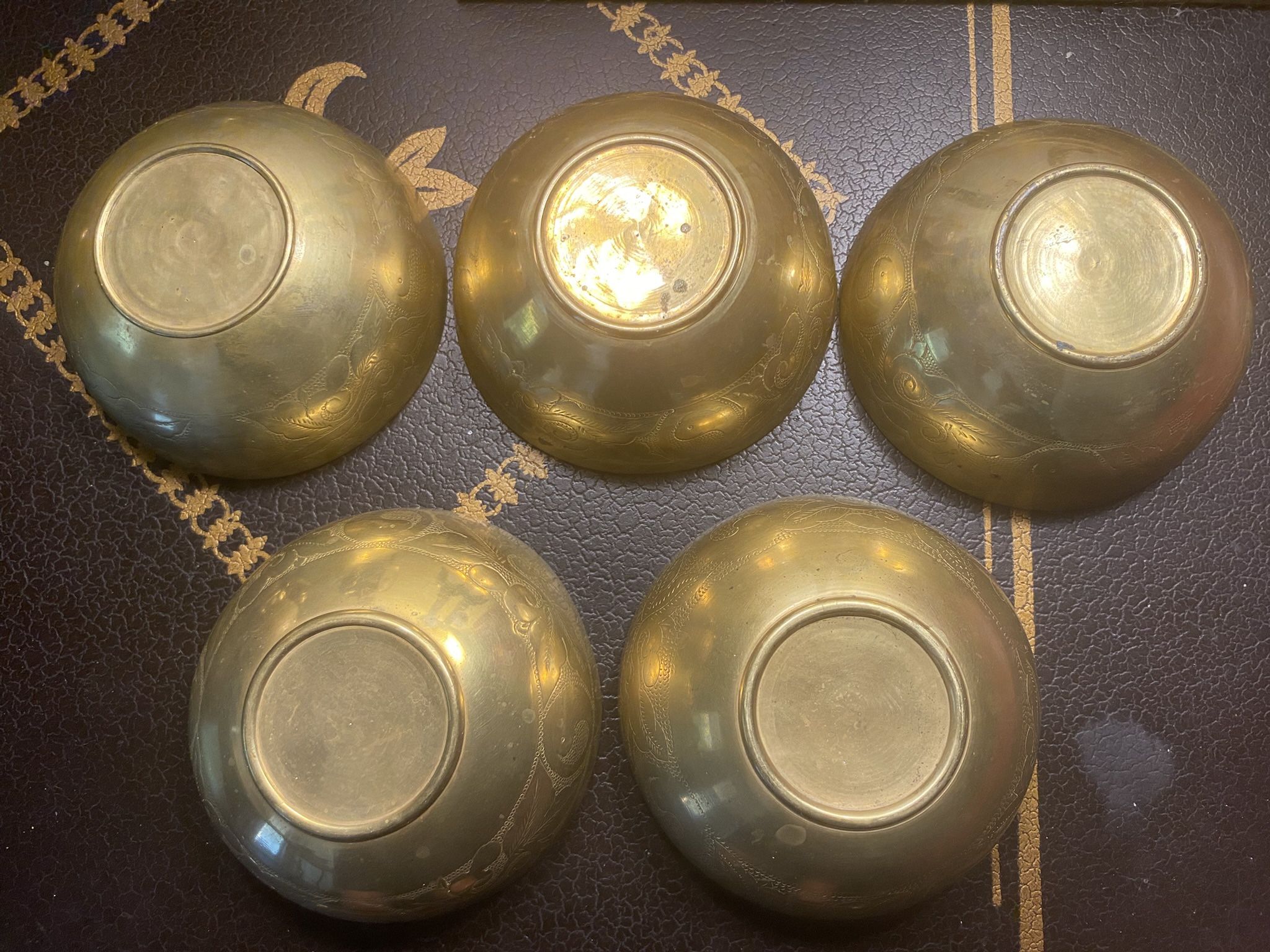 Antique Chinese Brass Bowls Set Of 5 Etched Late Qing Dynasty