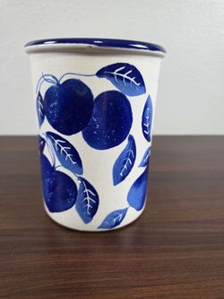 Blue and White Ceramic Container with Fruit Pattern,Made in Italy