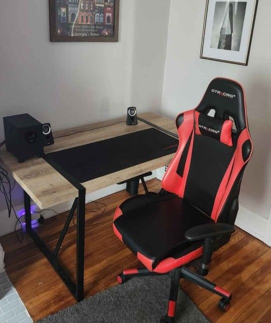 Gaming Desk, Chair, Speakers, Subwoofer And HYPER X Mat