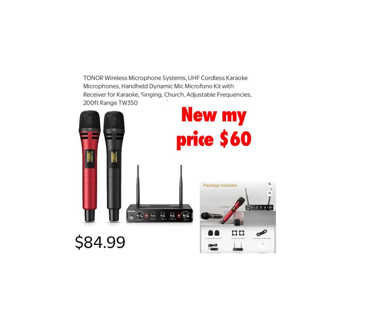 New in box TONOR Wireless Microphone Systems, UHF Cordless Karaoke Microphones, Handheld Dynamic Mic Microfono Kit with Receiver for Karaoke, Singing,