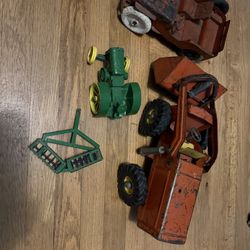 3 Vintage Metal Toys , 2 Need Work , 2 Tractors And One Jeep 