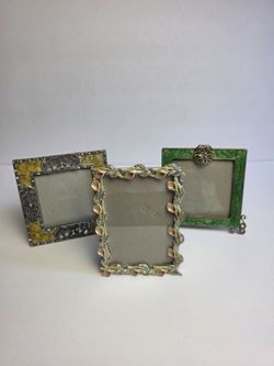 Photo Frames Decor Metal Enameled Lot Of 3 Rhinestones ~ (2) 4" x 4"  (1) 6" x 4"
