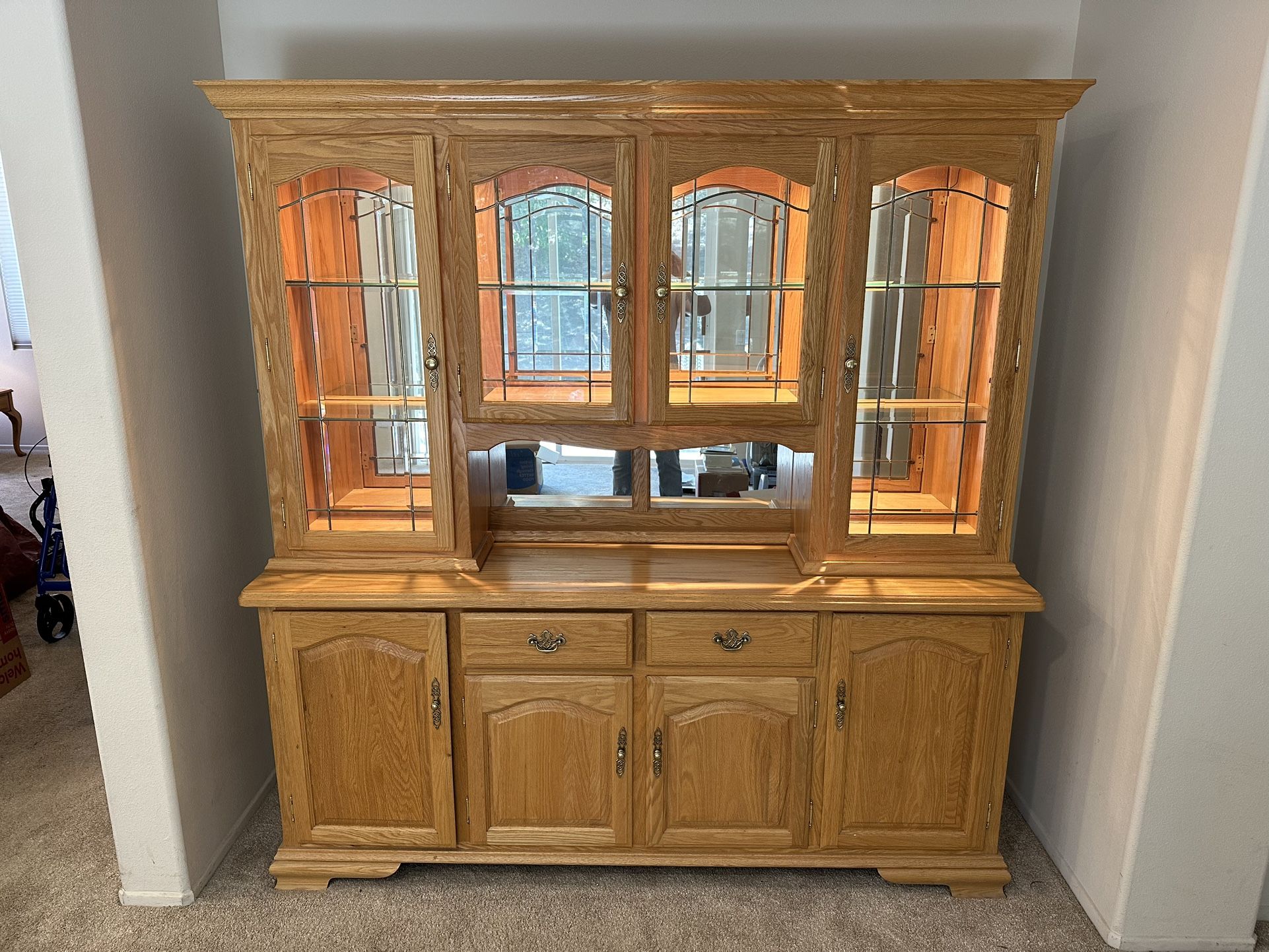 Oak China Cabinet with Wine Rack