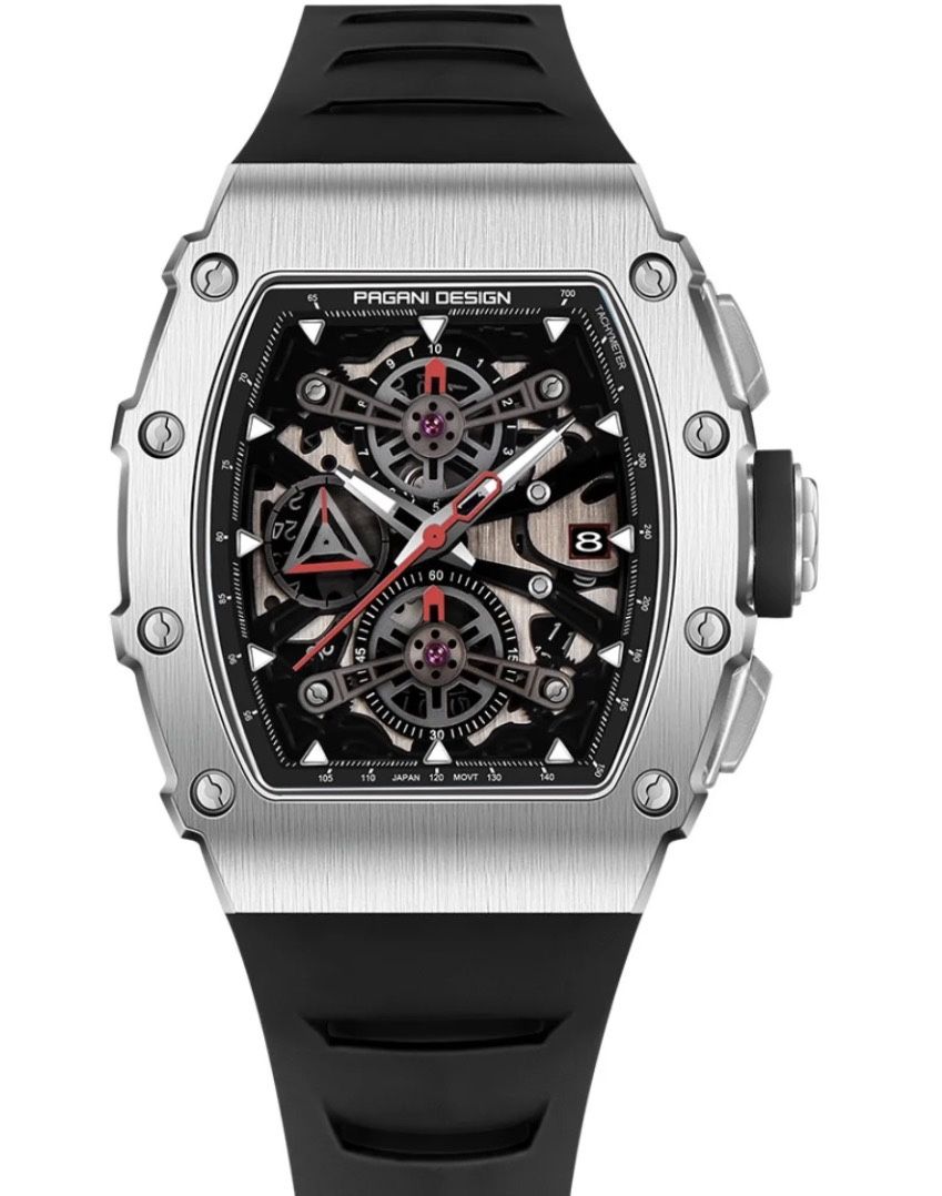 Pagani Design Skeleton Sport Watch in Silver & Black with Red Accents men’s