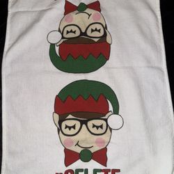 Christmas elf-themed kitchen towel featuring "selfie" text 