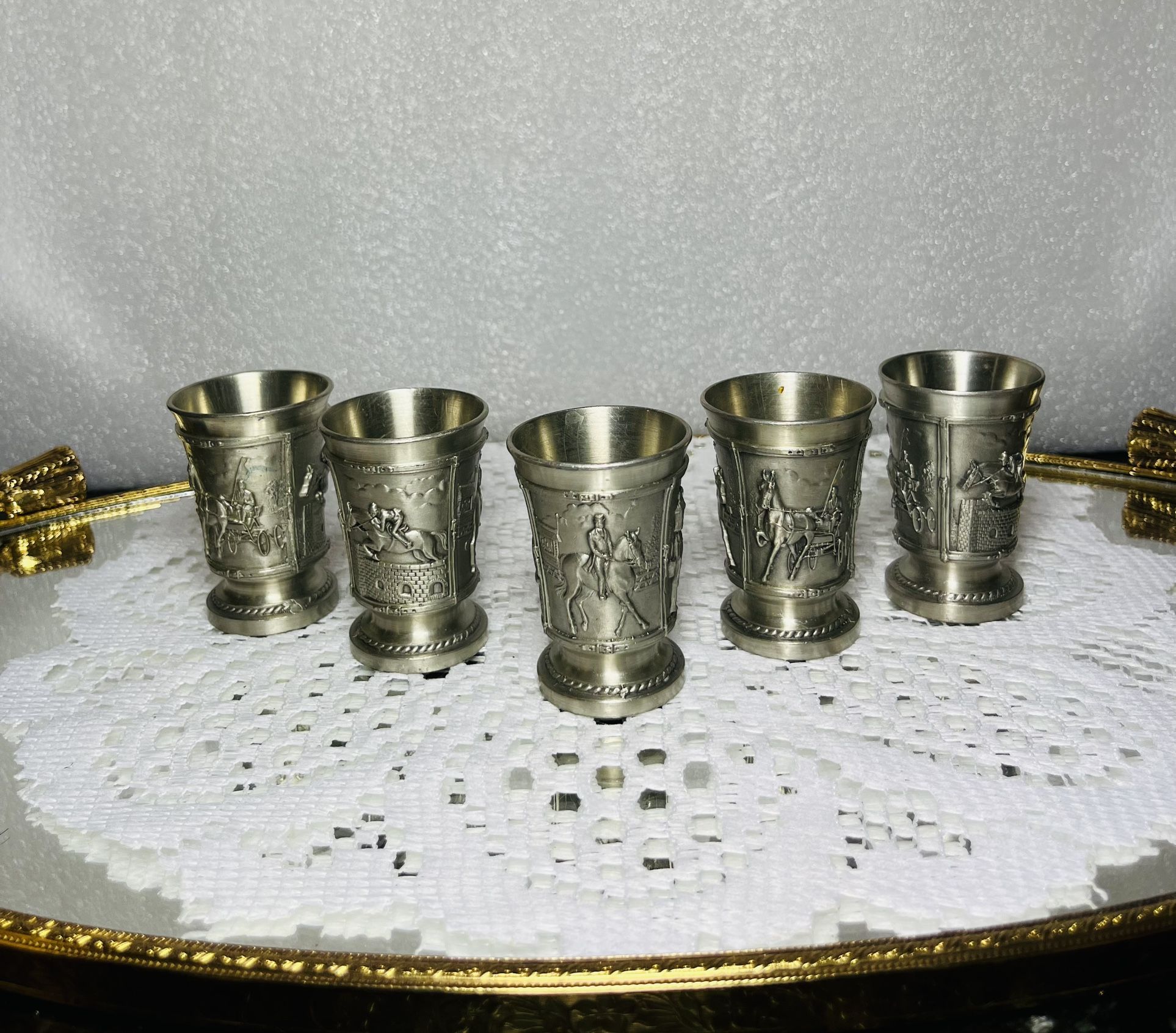 Vintage Pewter Shot Glass - 3 Equestrian Panels