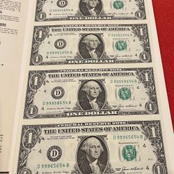 Series 1985 Uncut $1 Federal Reserve Note Sheet of 4 Bills