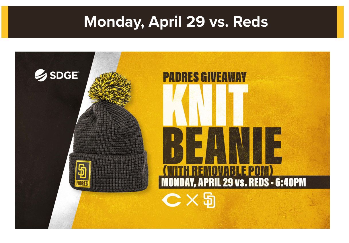 FREE Padres Beanie Giveaway-Monday, April 29 @ 6:40pm