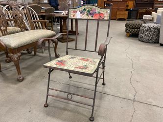 Vintage Metal Folding Chair with Patina and Floral Mosaic Seat Bottom