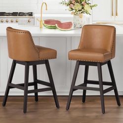 2X Brown 26” Swivel Faux Leather Barstools 