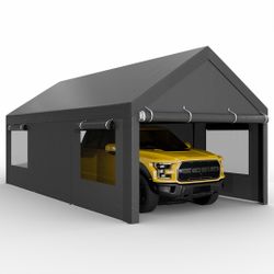 Gray 10x20ft Heavy Duty Carport Canopy with Roll-Up Windows & Removable Sidewalls & Doors