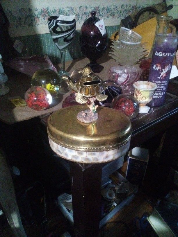 Solid Brass With Inlaid Mother Of Pearl Trinket Box And A Brass Metal Turtle coin Holder Buying Both