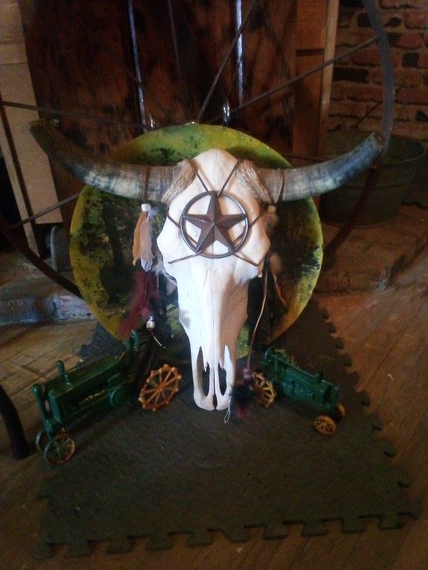 Vintage Bull Skull Adorned With Southwestern Decorations Feathers Stars