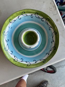 CRATE & BARREL Chip And Dip Bowl 13.5" Turquoise Platter Used.