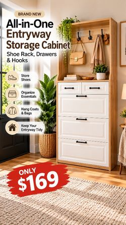 Tall Shoe Storage Cabinet with Coat Hooks & Drawers – White/Oak – NEW