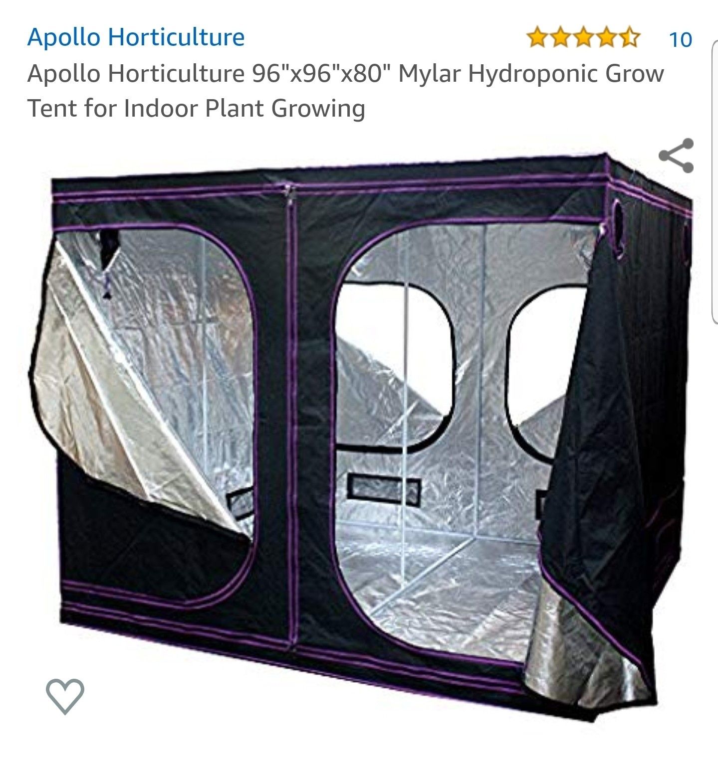 Apollo Horticulture 96"x96"x80" Mylar Hydroponic Grow Tent for Indoor Plant Growing