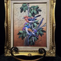 Vintage painting is an original oil on leaf artwork signed by the artist "Gris" of Thailand Gold Antique Frame 17"×21"