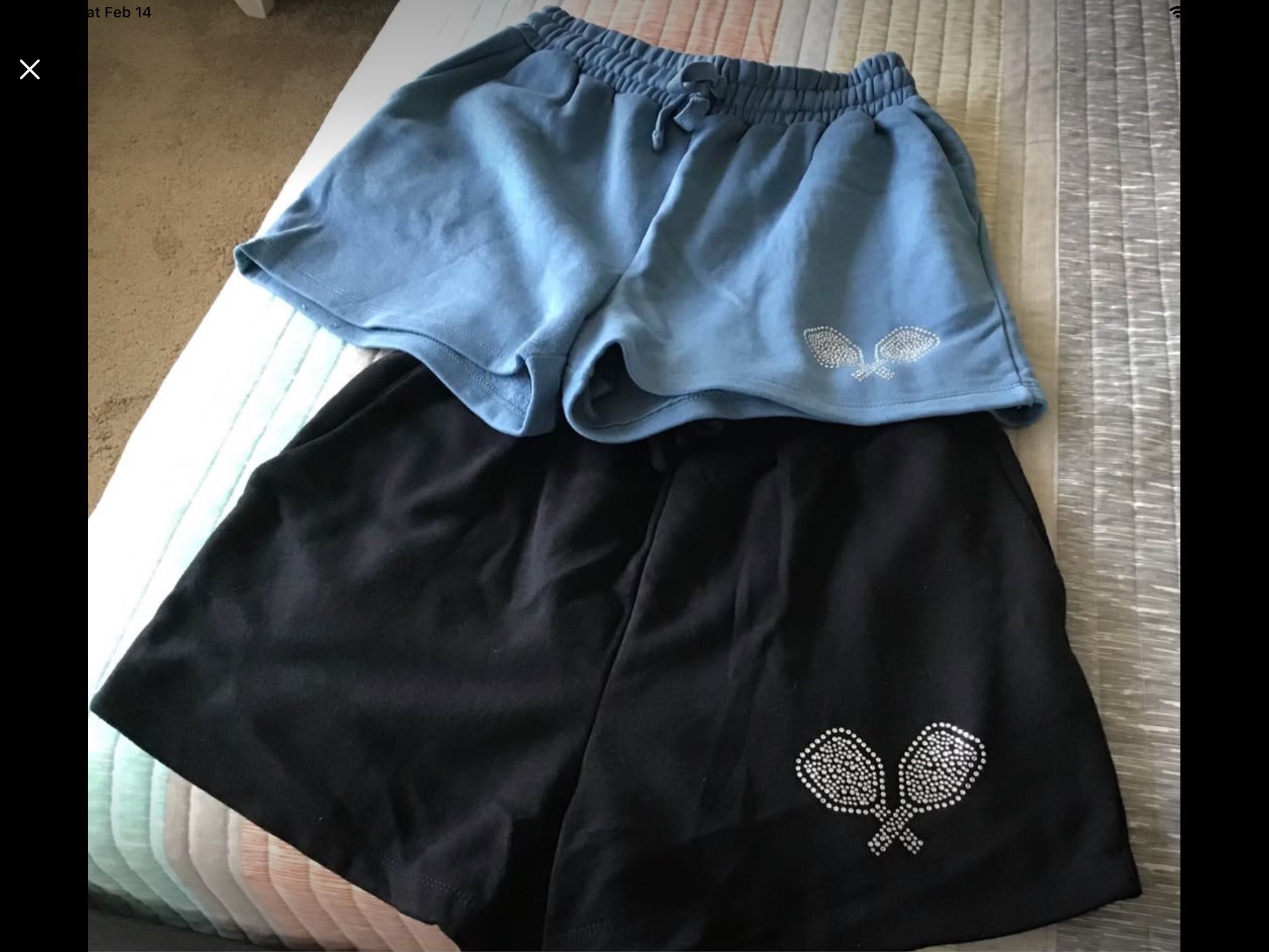 Pickleball Sweat Shorts~Size Medium~rhinestone paddle designs~Colors:: Blue & Black~good condition