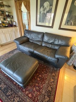 Black Real Leather Sofa with Matching Ottoman
