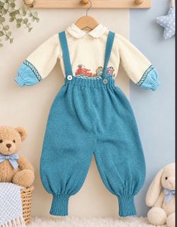 Vintage-Style Baby Knit Romper Set – Cream & Turquoise Blue – Embroidered – 3 Piece Outfit