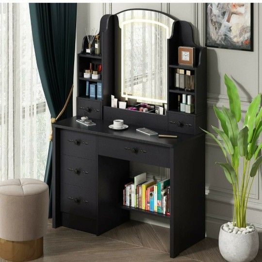 New! Vanity Desk With Lighted Mirror With 3 Color Light Options 