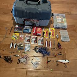 Flambeau 2059ZR tackle box with assorted fishing supplies