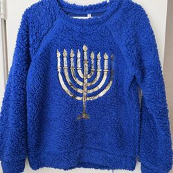 Blue Fleece Sweater with Menorah Design, Size M