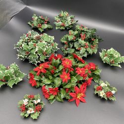 Lot of 9 Vintage Christmas Plastic Holly Pillar Candle Ring Red Flowers