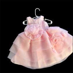 Girls Pink Layered Tulle Fit & Flare Dress 12M Sleeveless Zip Flower