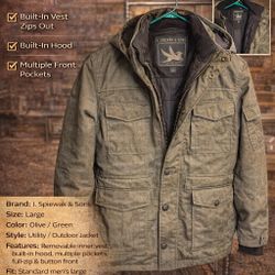 Spywak & Sons Men’s Utility Jacket – Size Large – Removable Vest & Hood  