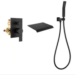 UKISHIRO Jewelry Single-Handle Wall Mount Roman Tub Faucet with Hand Shower in Matte Black (Ceramic Valve Included)