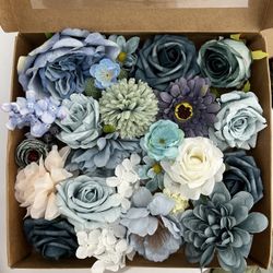 A Box Of Blue Artificial Faux Flowers for Centerpieces, DIY Projects, Baby Shower, Birthday Decor, Wedding 