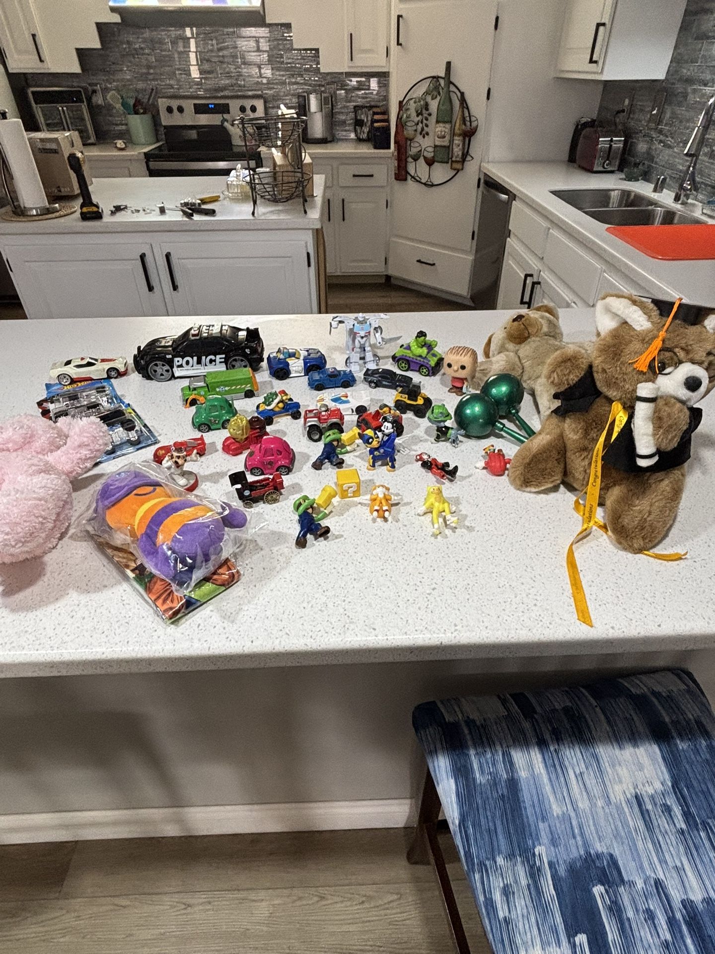 Cars and stuffed animals