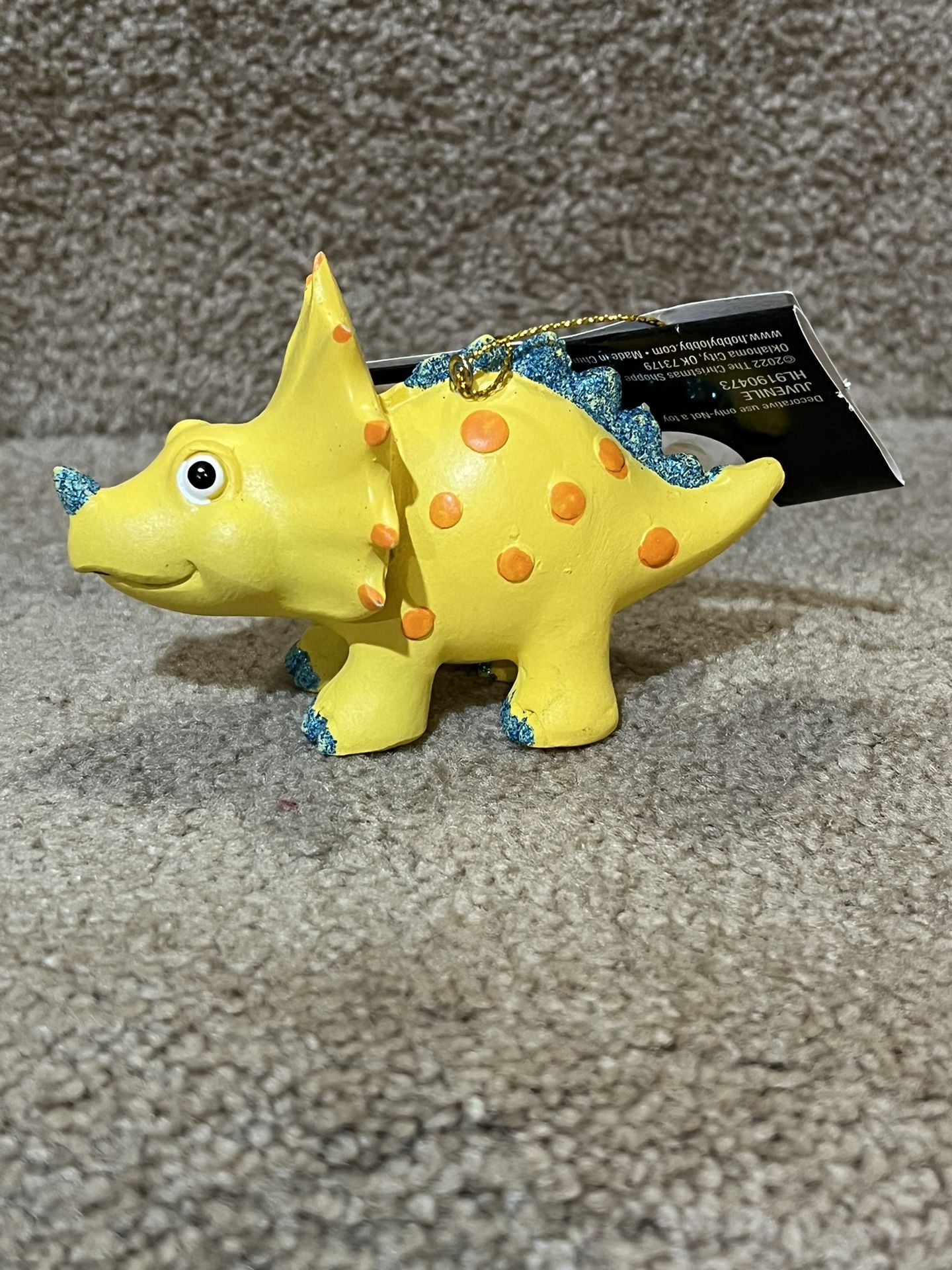 Christmas Shoppe Yellow Dinosaur Dino Triceratops ornament Resin New
