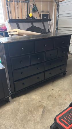 Black Wood Dresser with 11 Drawers, matching nightstands