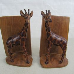 African Giraffe Hand Crafted Folk Art Vintage Wooden Bookends


