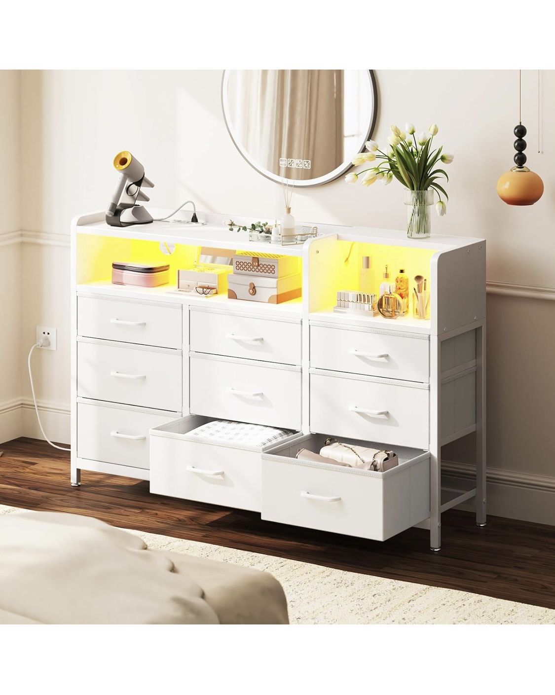 Dresser for Bedroom with LED Lights, 9 Drawer Bedroom Dresser with Charging Station, Fabric Dressers & Chest of Drawers with Shelves for Closet