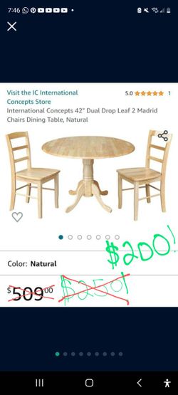 International Concepts 42" Dual Drop Leaf 2 Madrid Chairs Dining Table, Natural