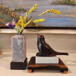 Beautiful Signed Art Glaze Vase and Pansies and Ebonized Oak Pedestal