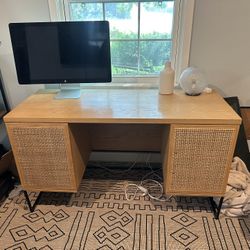 Modern Wood Desk with Cane Cabinet Door