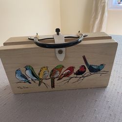 Enid Collins Wooden Box Purse Hand painted Birds Signed 1960s Natural Finish AS IS