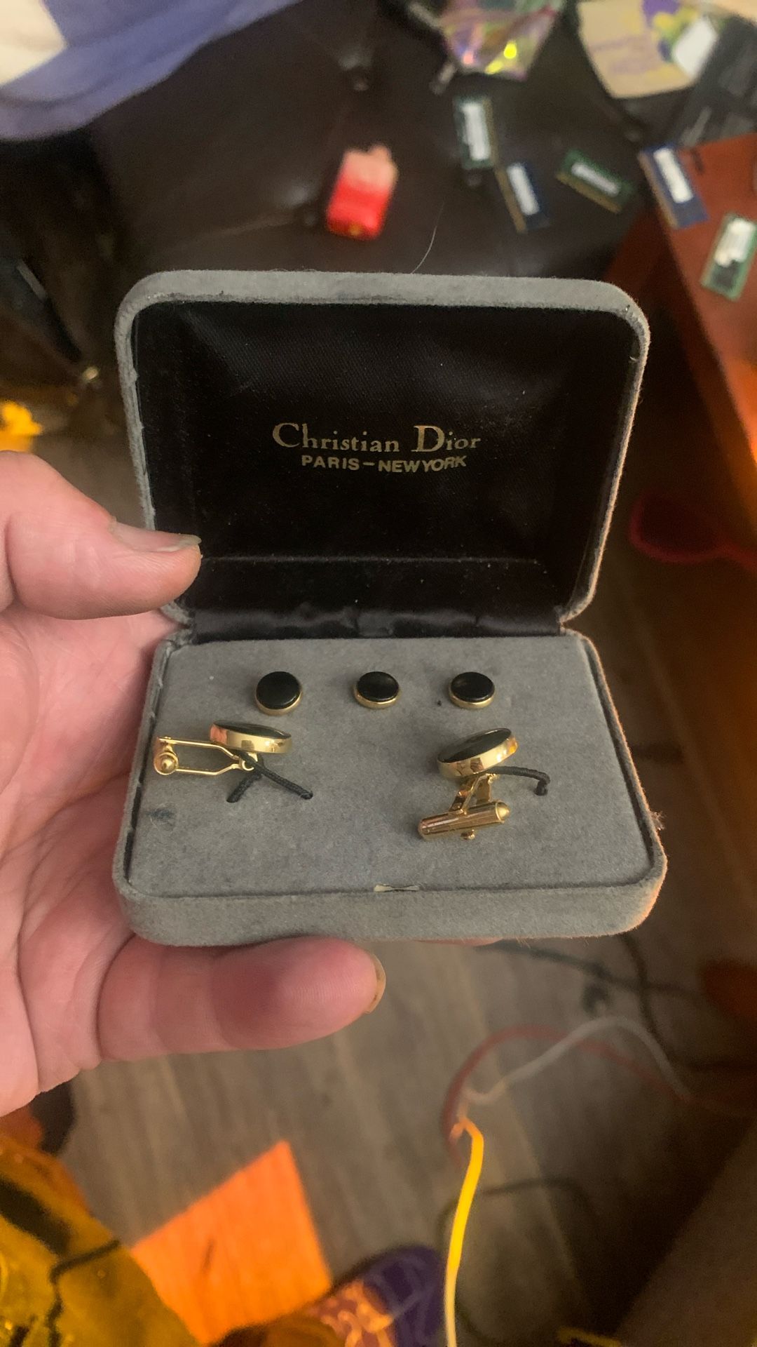 Christian Dior 1960's Gold Plate & Onyx 3 Tuxedo Shirt Studs, Matching Cufflinks