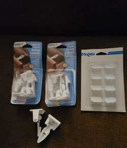 Child safety door latches and wall plugs