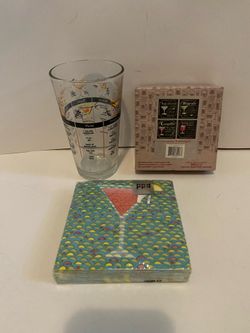 New cocktail bar set: recipe glass, coasters, and napkins