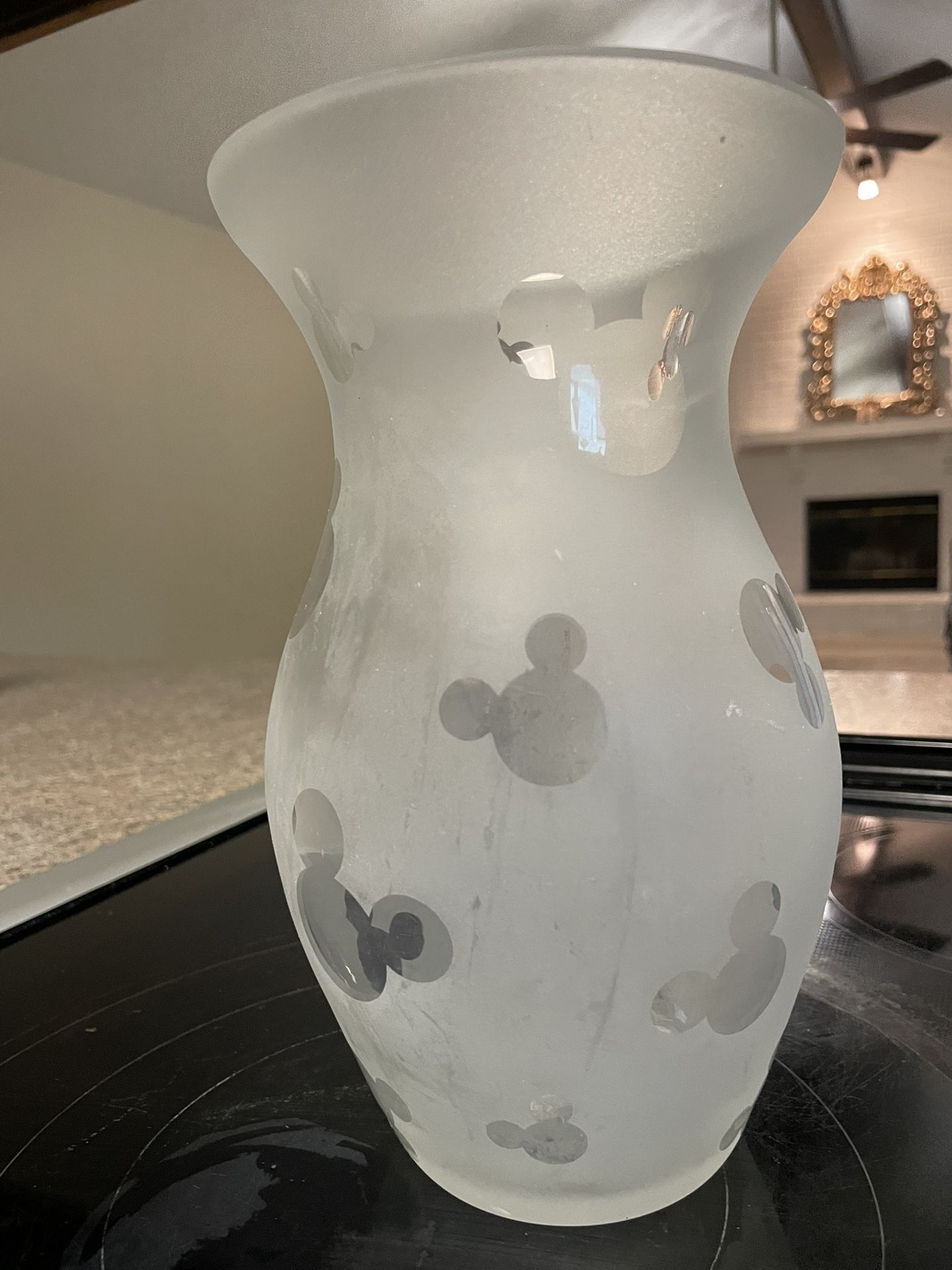 Disney large glass vase etched frosted Mickey Mouse head 9"