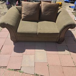 Loveseat Sofa Brown Upholstered Couch Rolled Arms Wood Trim Includes 4 Replacement Back Cushions