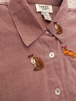 Teddi Vintage Button-Up Shirt with Cat Embroidery